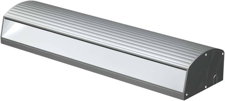 Un dispositif de rideau d'air en argent avec partie supérieure nervurée, destiné à être utilisé au-dessus des entrées de bâtiments.