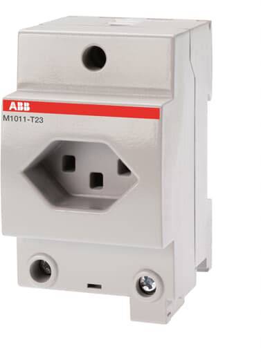 Prise électrique de type Frontfix avec ouverture hexagonale et deux vis de fixation.