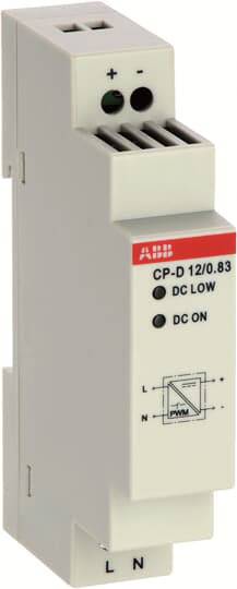 Un module d'alimentation ABB avec le numéro de modèle 'CP-D 12/0.83', présente les connexions d'entrée et de sortie. Il dispose de voyants LED pour l'état du courant continu.