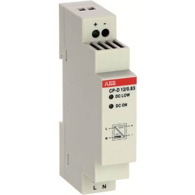 Un module d'alimentation ABB avec le numéro de modèle 'CP-D 12/0.83', présente les connexions d'entrée et de sortie. Il dispose de voyants LED pour l'état du courant continu.