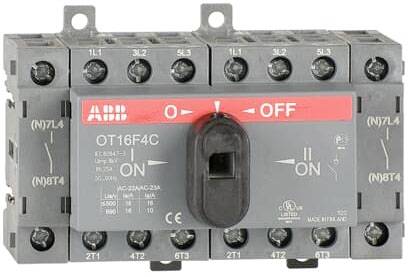 'Interrupteur Grauer ABB OT16F4C avec indicateur rouge, position "OFF", adapté jusqu'à 16 ampères et 690 volts, instructions de montage visibles.'