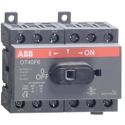 Un sectionneur électrique de charge ABB avec des étiquettes 'ON' et 'OFF', et plusieurs bornes pour le contrôle des circuits électriques.
