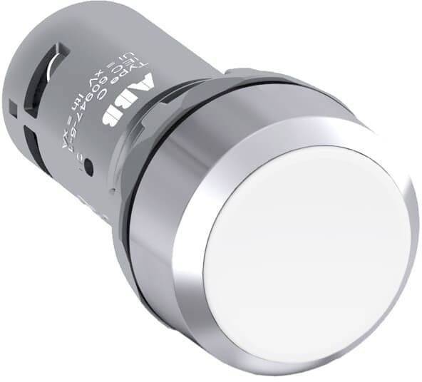 Un bouton-poussoir rond en argent avec une surface blanche, adapté aux panneaux de commande industriels. Des détails techniques sont gravés en arrière-plan.