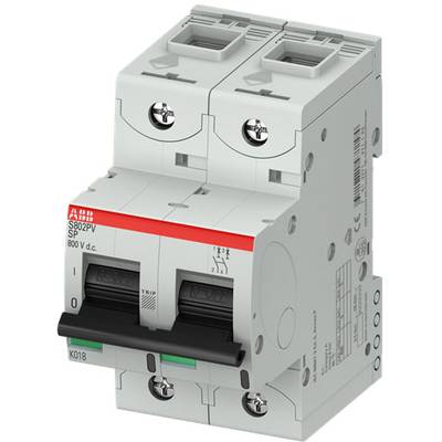 Un disjoncteur bipolaire avec des marquages rouges et un levier de commutation noir, adapté aux applications à courant continu de 800 V.
