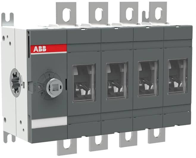 Un interrupteur-sectionneur tétrapolaire ABB en gris et blanc, avec des positions de commutation visibles et des bornes de connexion.