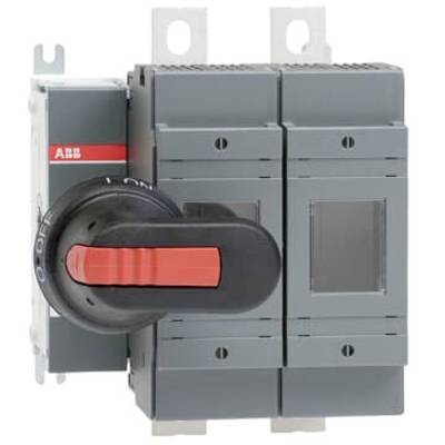Un interrupteur électrique avec un levier rouge sur un tableau de commande gris. Le logo 'ABB' est visible à gauche. Utilisé dans un contexte industriel.