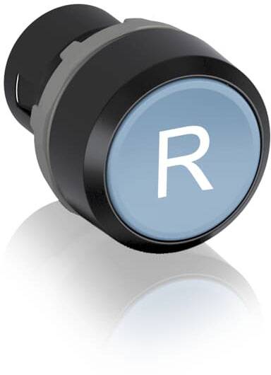 Un bouton noir avec un cercle bleu au centre affiche la lettre blanche 'R'.