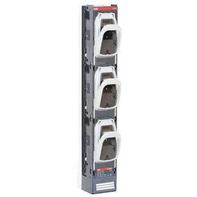 Porte-fusibles triple avec capots de protection, monté verticalement. L'appareil est conçu pour installer trois fusibles.