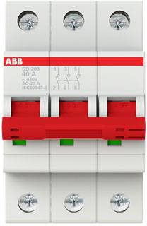 Disjoncteur ABB, modèle SD 203, 40 Ampères, 400 V, avec interrupteur à bascule rouge. Utilisé pour l'interruption de circuit électrique.