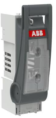 Un sectionneur électrique avec protection transparente ; boîtier gris, impression ABB rouge. Adapté pour les circuits électriques.