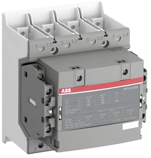 'ABB AF116-40B contacteur' dans un boîtier gris avec quatre bornes de connexion en haut, spécifications techniques visibles sur la face avant.