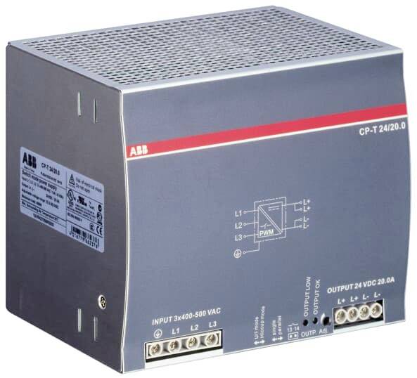 Un bloc d'alimentation à découpage gris de la marque ABB, modèle CP-T 24/20.0, tension d'entrée 3x400-500 VAC, sortie 24 VDC, 20 A.