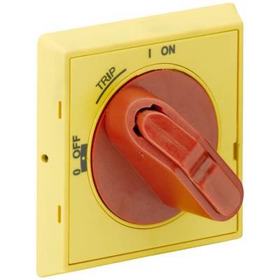 Un bouton d'arrêt d'urgence jaune avec un levier rouge est positionné sur 'ON'. Le bouton possède des marquages pour 'OFF' et 'TRIP'.