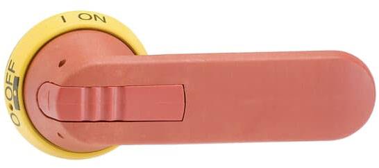 Levier rouge avec un anneau jaune, indiquant 'ON' et 'OFF'. Le levier est en position 'ON'.