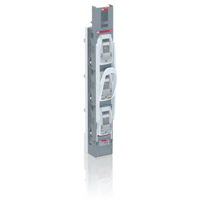 Boîtier électrique gris de protection pour applications industrielles, disposé verticalement, avec plusieurs groupes de fusibles.