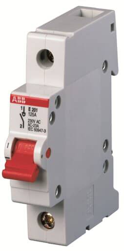 Un disjoncteur unipolaire ABB, modèle E201, pour 230 V AC et 125 A, avec un levier rouge et les spécifications techniques imprimées.