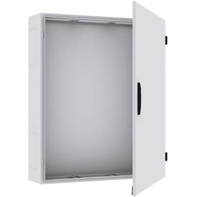 Armoire grise ouverte et vide, vue légèrement inclinée depuis l'avant-gauche. Le matériau semble être du métal ou du plastique.