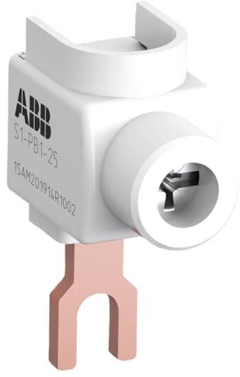 Un dispositif électrique d'ABB, modèle S1-PB1-25, doté d'un raccordement métallique et d'un boîtier en plastique, sert à établir une connexion électrique.