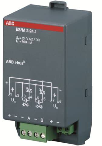 Appareil ABB i-bus ES/M 2.24.1 pour 24 V AC/DC et 700 mA ; comprend un schéma de câblage avec des symboles électriques pour le contrôle.