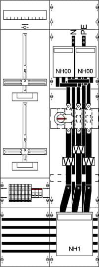 Diagramme d'un armoire électrique avec fusibles NH00, interrupteur principal et connexions de câbles. Montre les composants électriques et leur disposition.