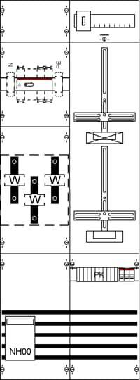 Dessin technique avec des symboles électriques : Fusibles, résistances et interrupteurs en disposition verticale ; étiquettes WP.