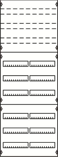 Un diagramme composé de deux sections. La section supérieure présente des lignes pointillées, la section inférieure contient huit champs rectangulaires avec de courtes lignes transversales.