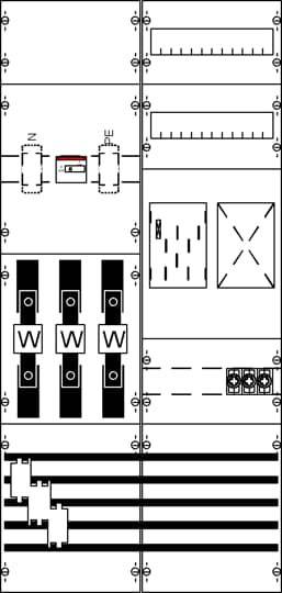 Dessin technique d'une disposition d'armoire électrique avec des interrupteurs, des câbles et des connexions. Un compas est situé en haut pour l'orientation.