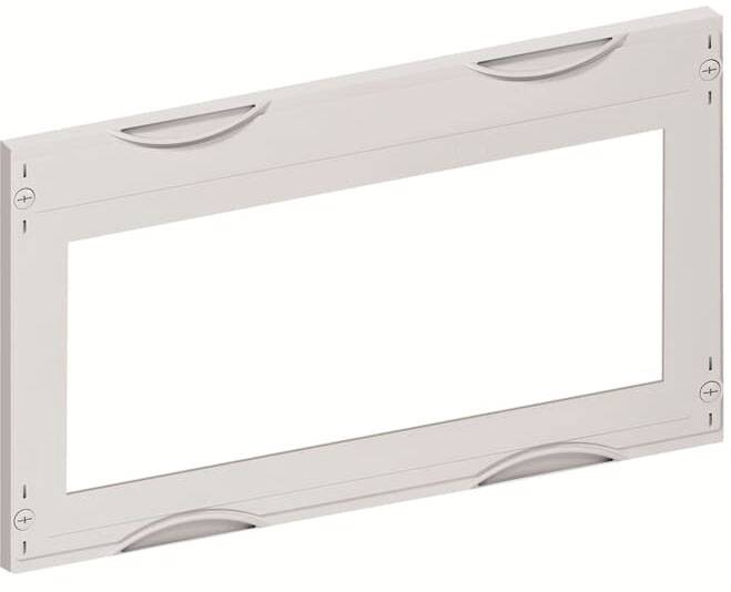 Un cadre rectangulaire blanc avec des coins arrondis et des trous de fixation sur les côtés, prévu pour l'installation.