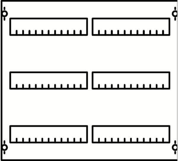 Six boîtes rectangulaires disposées en deux colonnes, chacune avec des lignes verticales sur le côté inférieur, ressemblant à des règles stylisées.