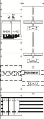 Schéma électrique avec fusibles, interrupteurs et câbles. Indication 'Dimension de contrôle'. Montre une configuration de circuit avec des fusibles NH00.
