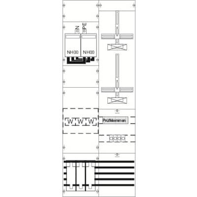 Schéma électrique avec fusibles, interrupteurs et câbles. Indication 'Dimension de contrôle'. Montre une configuration de circuit avec des fusibles NH00.