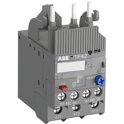 Relais de surcharge ABB TF42 avec bouton de réinitialisation et six bornes de connexion. Comprend un bouton d'arrêt et un interrupteur de test pour le contrôle.