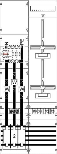 Plan électrique : Montre un circuit avec plusieurs éléments de câblage et de sécurité, un commutateur rotatif et un appareil de mesure en haut.