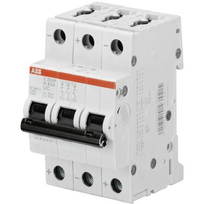 Un disjoncteur tripolaire, principalement utilisé dans les circuits électriques, avec des données techniques et le logo de la marque visibles.