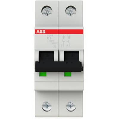 Disjoncteur automatique ABB avec deux interrupteurs et des marquages verts, monté sur un rail de fixation.