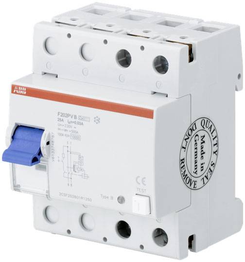 Un disjoncteur différentiel blanc avec un interrupteur bleu, marqué 'Made in Germany'. Il est conçu pour 25A, 230V, 50Hz.