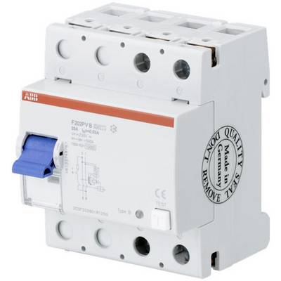 Un disjoncteur différentiel blanc avec un interrupteur bleu, marqué 'Made in Germany'. Il est conçu pour 25A, 230V, 50Hz.