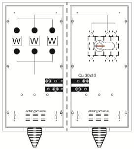 Schéma électrique avec deux panneaux, circuits interconnectés, rectangles et étiquettes 'W', 'Ce', 'Qu 30xd0'.