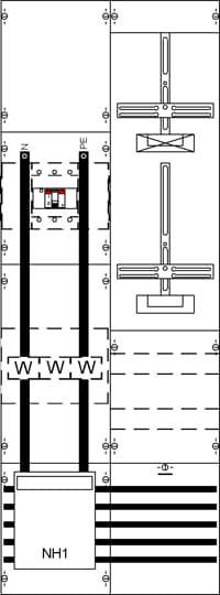 Un diagramme technique d'un armoire électrique : présente les circuits, les connexions et l'étiquette 'NH1'.
