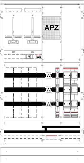Plan d'installation avec l'étiquette 'APZ', plusieurs connexions de câbles et interrupteurs. Illustre la distribution et le positionnement des composants.