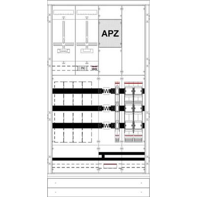 Plan d'installation avec l'étiquette 'APZ', plusieurs connexions de câbles et interrupteurs. Illustre la distribution et le positionnement des composants.