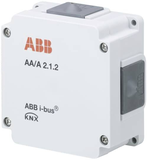 Un appareil ABB i-bus KNX blanc avec le numéro de modèle AA/A 2.1.2 et un interrupteur gris sur le côté.
