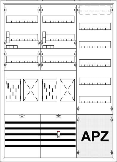 Boîtier électrique avec plusieurs interrupteurs, voyants et l'inscription 'APZ' dans la zone inférieure droite.
