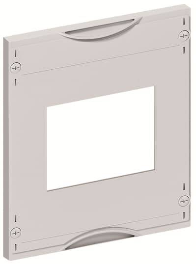 Plaque de couverture carrée avec ouverture centrale pour prises ou interrupteurs, en beige, avec quatre points de fixation ronds aux angles.