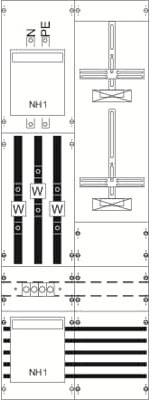 Schéma d'un armoire électrique avec des sections pour fusible NH, jeu de barres et conducteur de protection.