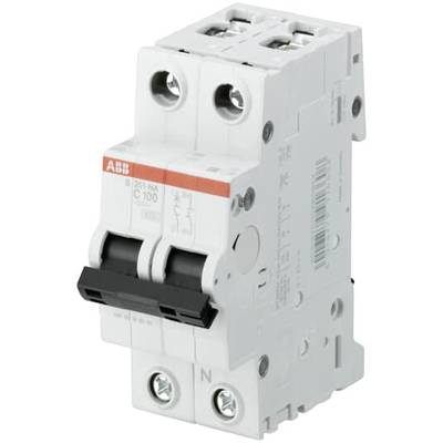 Un disjoncteur bipolaire d'ABB, utilisé pour protéger les circuits électriques, avec des interrupteurs à bascule et des étiquettes.