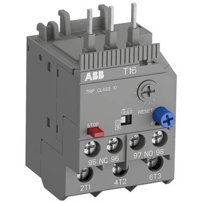 Disjoncteur de protection moteur ABB T16 gris et blanc avec bouton de réinitialisation bleu et plusieurs borniers de connexion pour une utilisation industrielle.