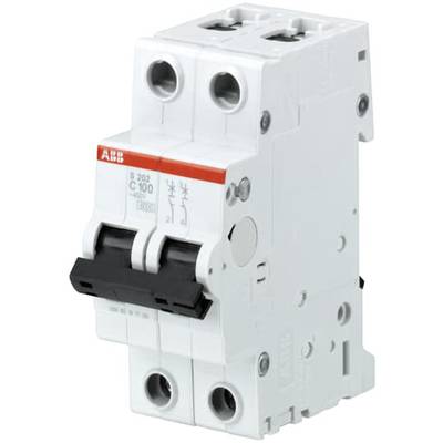 Un disjoncteur bipolaire avec une étiquette rouge est représenté, conçu pour protéger les installations électriques contre les surcharges.