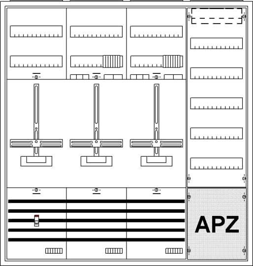 Un schéma électrique montre un tableau de distribution électrique avec trois interrupteurs principaux et plusieurs fusibles. 'APZ' est inscrit en bas à droite.