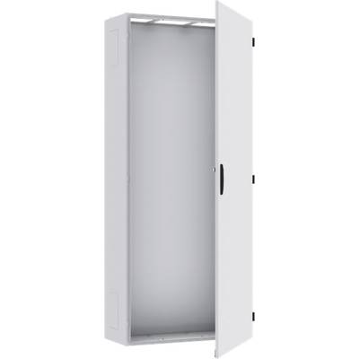 Armoire blanche ouverte et vide avec une poignée noire, vue de face. Idéale pour le rangement ou l'organisation.